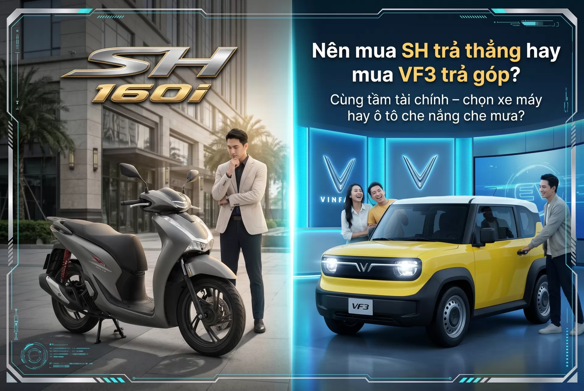 VinFast VF 3 màu vàng và SH 160i màu xám