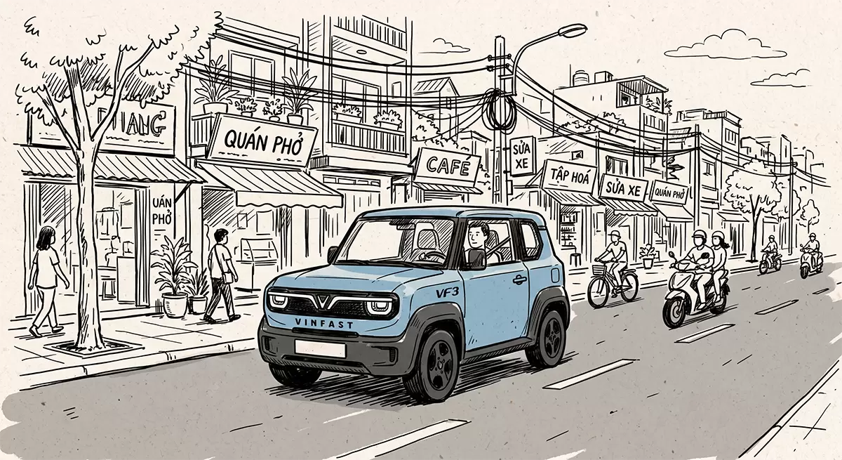 Tranh vẽ phác họa xe điện VinFast VF 3 màu xanh chạy trên phố