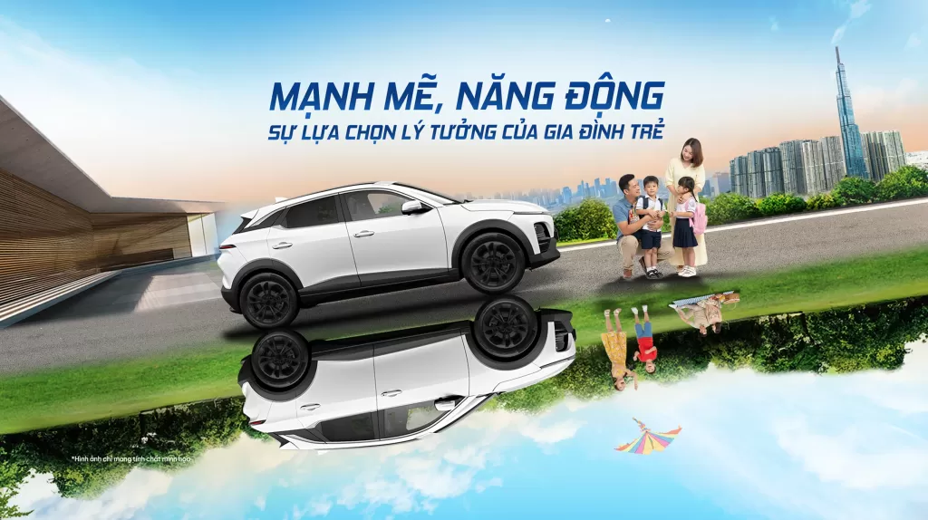 Banner xe điện VinFast VF 6 màu trắng cùng gia đình trẻ