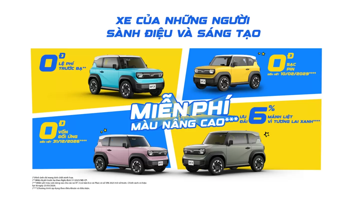 VinFast VF 3 đa sắc màu: xanh, vàng, hồng, xám và chương trình ưu đãi hấp dẫn