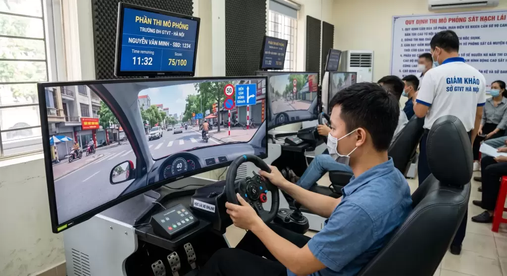 Bo Phan Thi Sat Hach Mo Phong Tu 1 7 2026 - Từ ngày 01/07/2026, người thi bằng lái ô tô không còn phải thi mô phỏng - VinFast Hưng Thịnh Phát Thí sinh thực hành trên thiết bị mô phỏng sát hạch lái xe ô tô cabin ảo