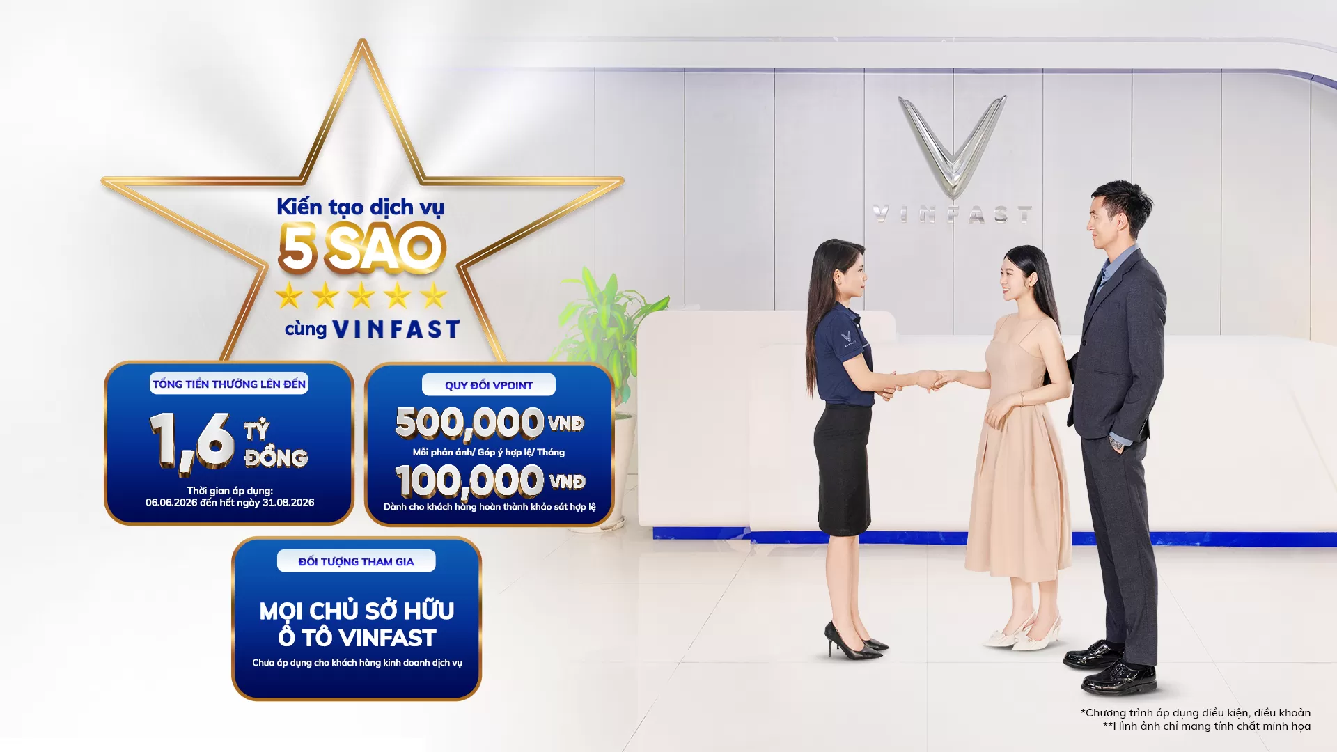 Banner chương trình Kiến tạo dịch vụ 5 sao VinFast và nhân viên đón tiếp khách hàng