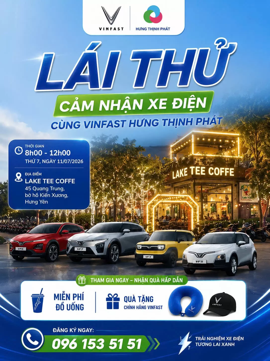 Poster sự kiện lái thử xe điện VinFast VF3 VF5 VF6 VF7 tại Lake Tee Coffee