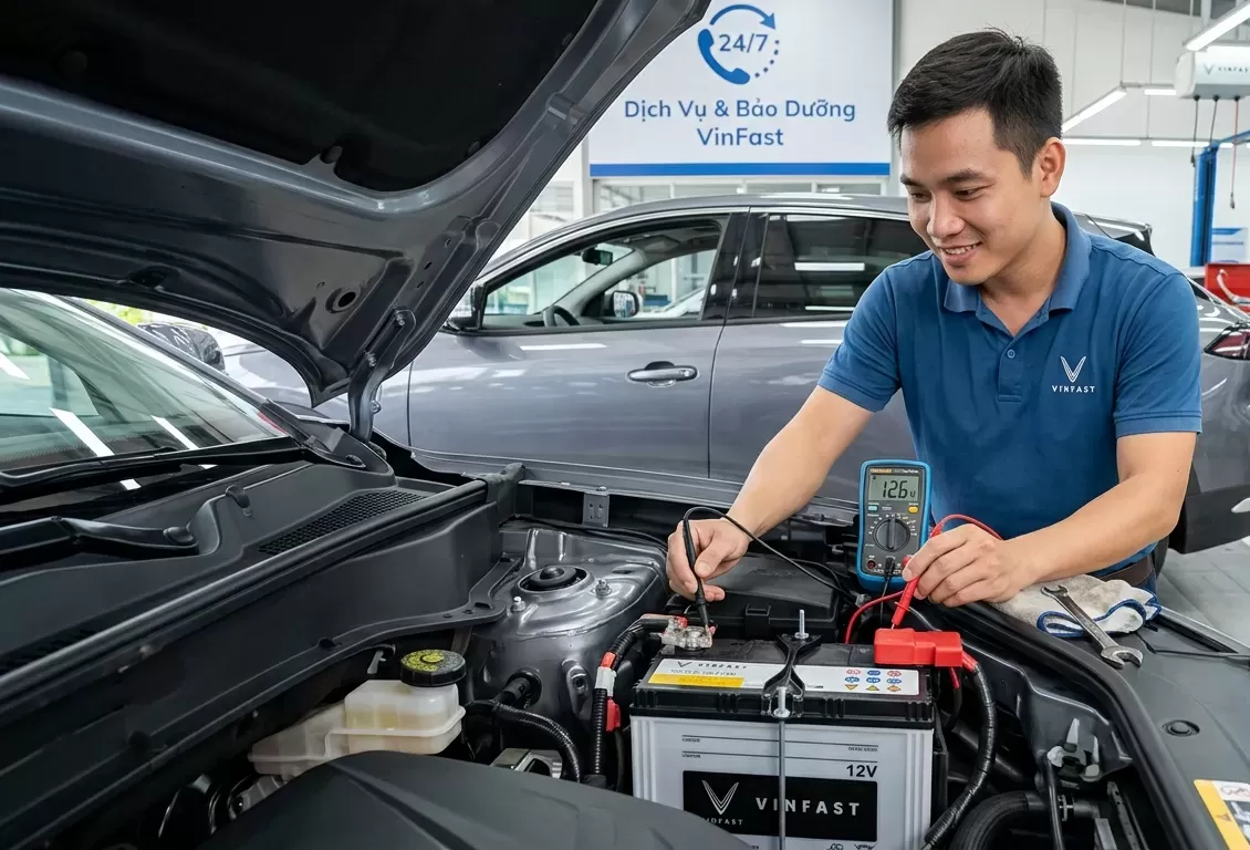 Kỹ thuật viên đo điện áp ắc quy xe điện tại VinFast Hưng Yên