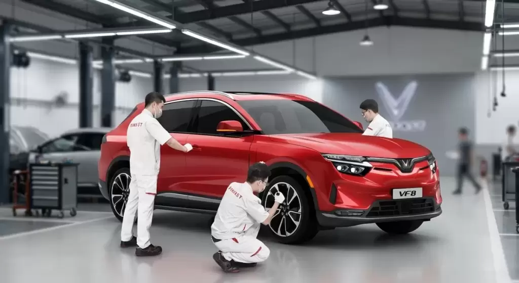 Kỹ thuật viên đang kiểm tra bảo dưỡng xe điện VinFast VF 8 màu đỏ tại xưởng