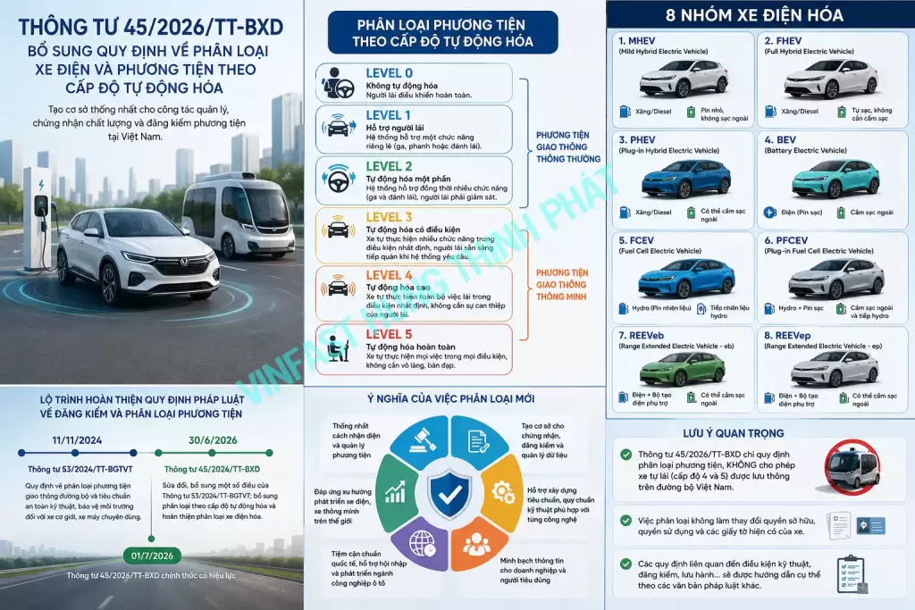 Infographic quy định phân loại xe điện và cấp độ tự động hóa