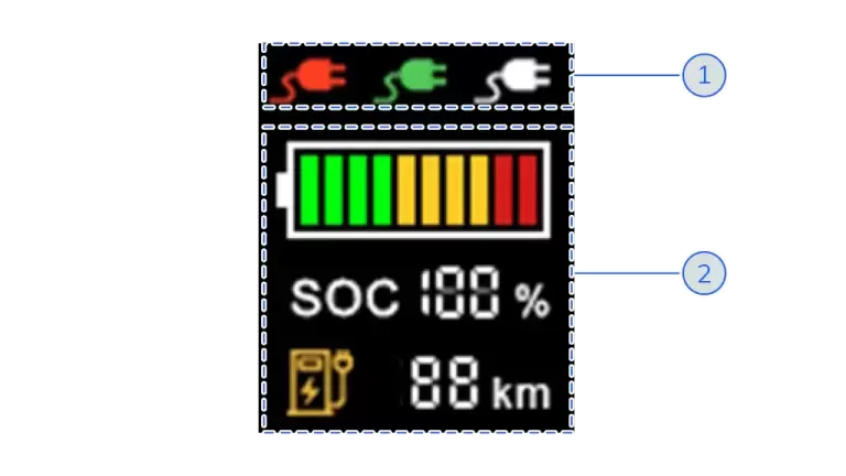 Màn hình hiển thị chỉ số pin SOC 100% và biểu tượng trạng thái sạc xe điện VinFast