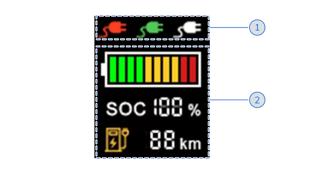 Màn hình hiển thị chỉ số pin SOC 100% và biểu tượng trạng thái sạc xe điện VinFast