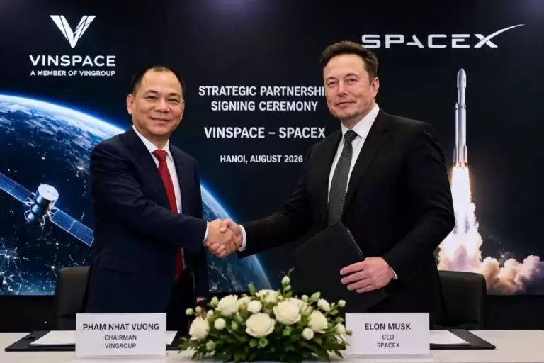 Pham Nhat Vuong Bat Tay Elon Musk - VinSpace Vingroup hợp tác SpaceX phóng vệ tinh 2027 - VinFast Hưng Thịnh Phát