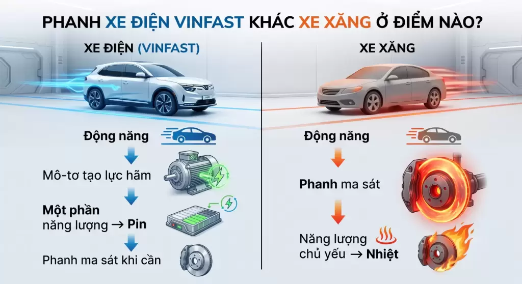 Phanh Xe Dien Khac Phanh Xe Xang O Diem Nao - Phanh xe điện VinFast có gì khác xe xăng? - VinFast Hưng Yên Sơ đồ so sánh cơ chế hoạt động phanh xe điện VinFast và xe xăng