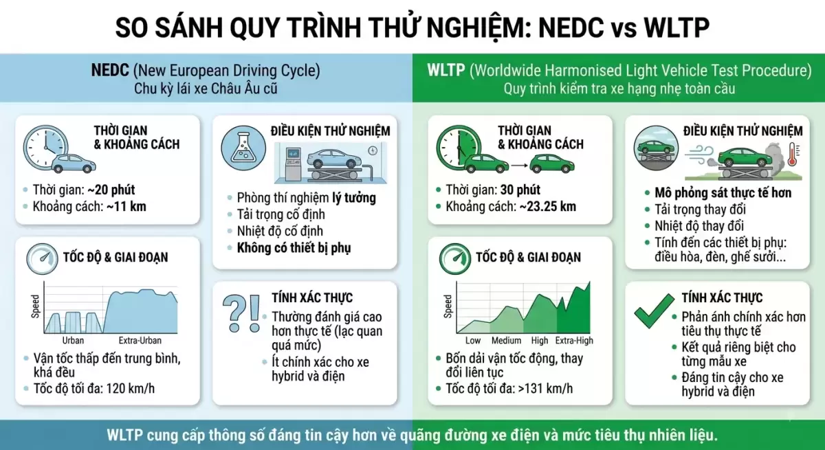 So Sanh Quy Trinh Thu Nghiem NEDC Va WLTP E1786805225397 - Quãng đường xe điện thực tế có thể khác NEDC/WLTP vì sao? Giải thích chi tiết và cách ước tính chính xác - VinFast Hưng Thịnh Phát