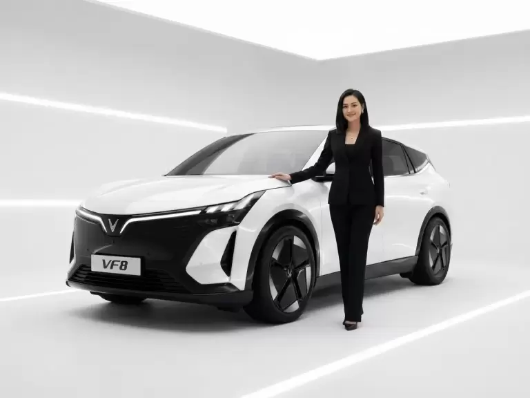 Người mẫu nữ mặc suit đen đứng cạnh xe điện VinFast VF 8 màu trắng
