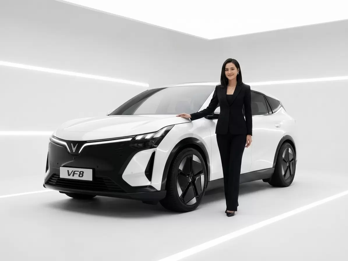 Người mẫu nữ mặc suit đen đứng cạnh xe điện VinFast VF 8 màu trắng