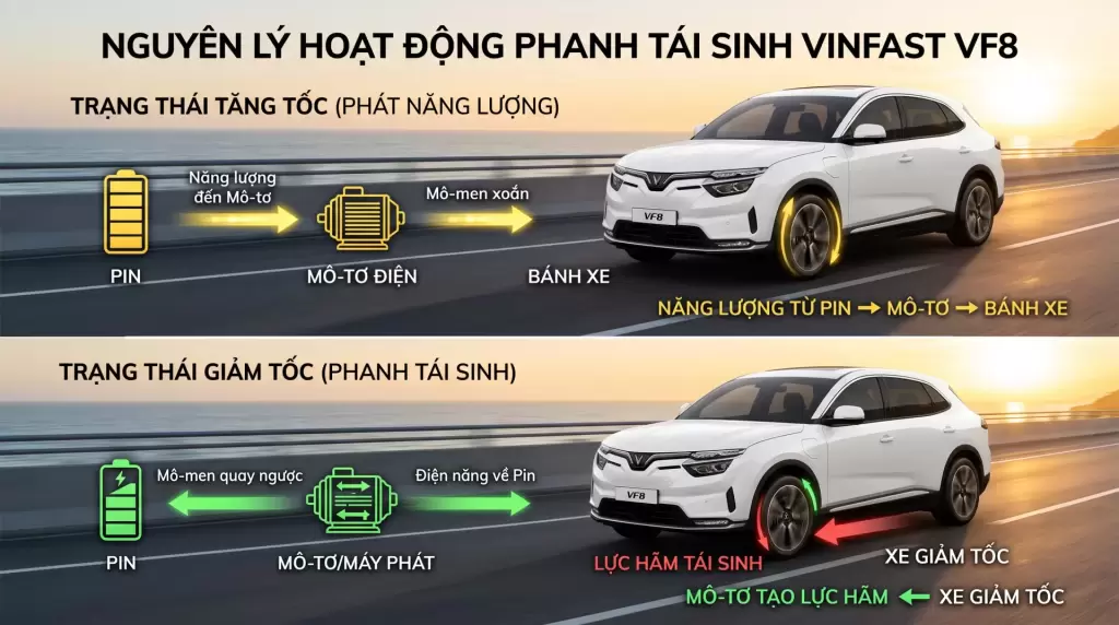 Nguyen Ly Hoat Dong Phanh Tai Sinh - Phanh xe điện VinFast có gì khác xe xăng? - VinFast Hưng Thịnh Phát Sơ đồ nguyên lý hoạt động phanh tái sinh trên xe điện VinFast VF 8