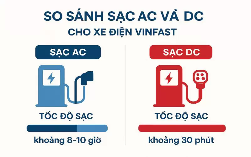 Bảng đồ họa so sánh tốc độ sạc AC và DC cho xe điện VinFast