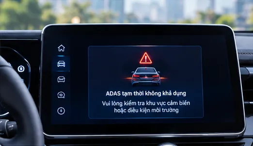 ADAS VinFast Thong Bao Tren Xe - ADAS VinFast tạm thời không khả dụng: Nguyên nhân và cách xử lý tại Hưng Thịnh Phát Thông báo ADAS tạm thời không khả dụng hiển thị trên màn hình xe VinFast