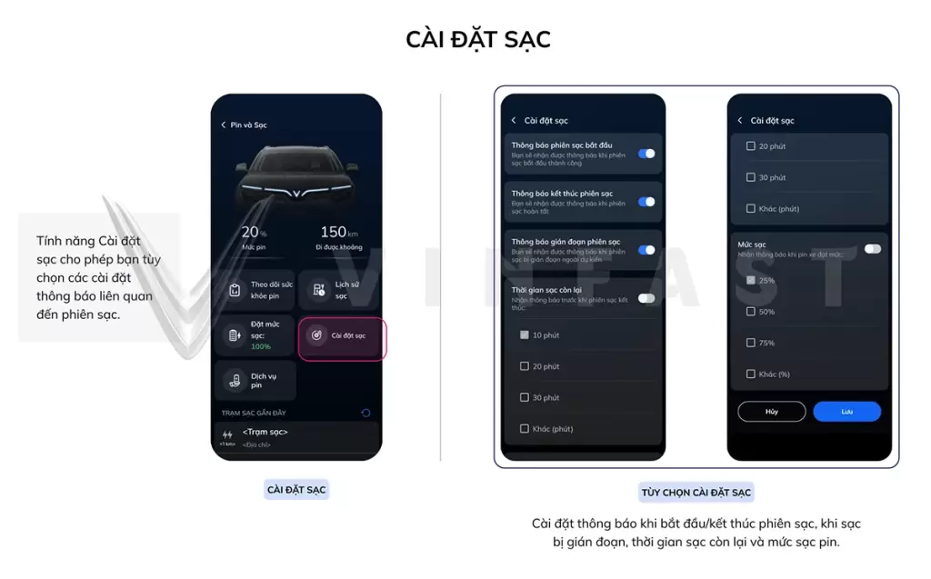 Cai Dat Sac 1 - Hướng dẫn cài đặt và sử dụng ứng dụng VinFast trên điện thoại - Showroom VinFast Hưng Thịnh Phát Hưng Yên Giao diện tính năng cài đặt sạc trên ứng dụng VinFast điện thoại