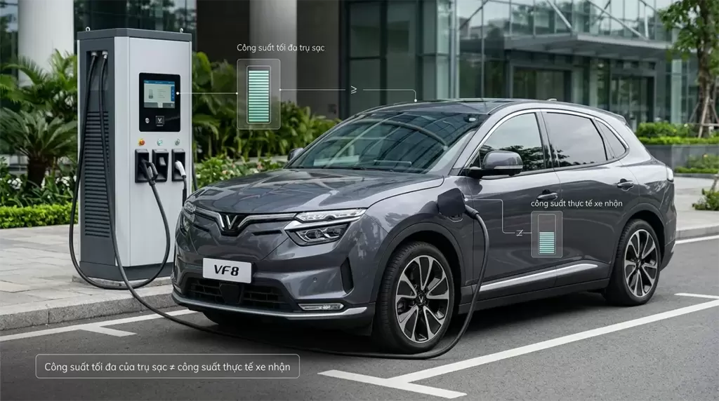 Cong Suat Xe Va Cong Suat Tru Sac - Xe điện VinFast sạc chậm: Nguyên nhân và cách xử lý - VinFast Hưng Thịnh Phát Xe điện VinFast VF 8 màu xám đang cắm sạc kèm đồ họa minh họa công suất