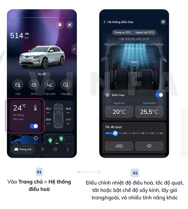 Dieu Khien Dieu Hoa - Hướng dẫn cài đặt và sử dụng ứng dụng VinFast trên điện thoại tại Hưng Thịnh Phát Màn hình giao diện ứng dụng VinFast hướng dẫn bật và điều chỉnh hệ thống điều hòa