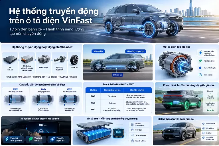Sơ đồ cấu tạo và nguyên lý hoạt động hệ thống truyền động ô tô điện VinFast.