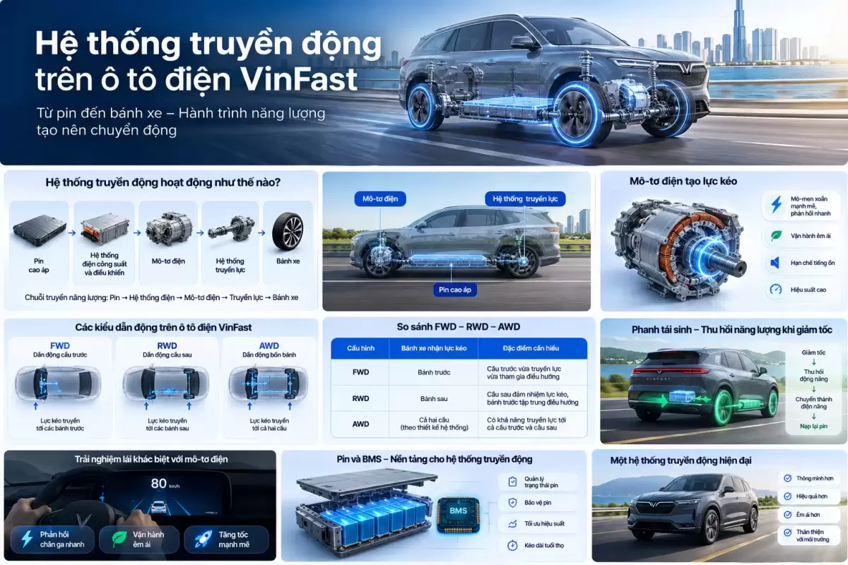 Sơ đồ cấu tạo và nguyên lý hoạt động hệ thống truyền động ô tô điện VinFast.
