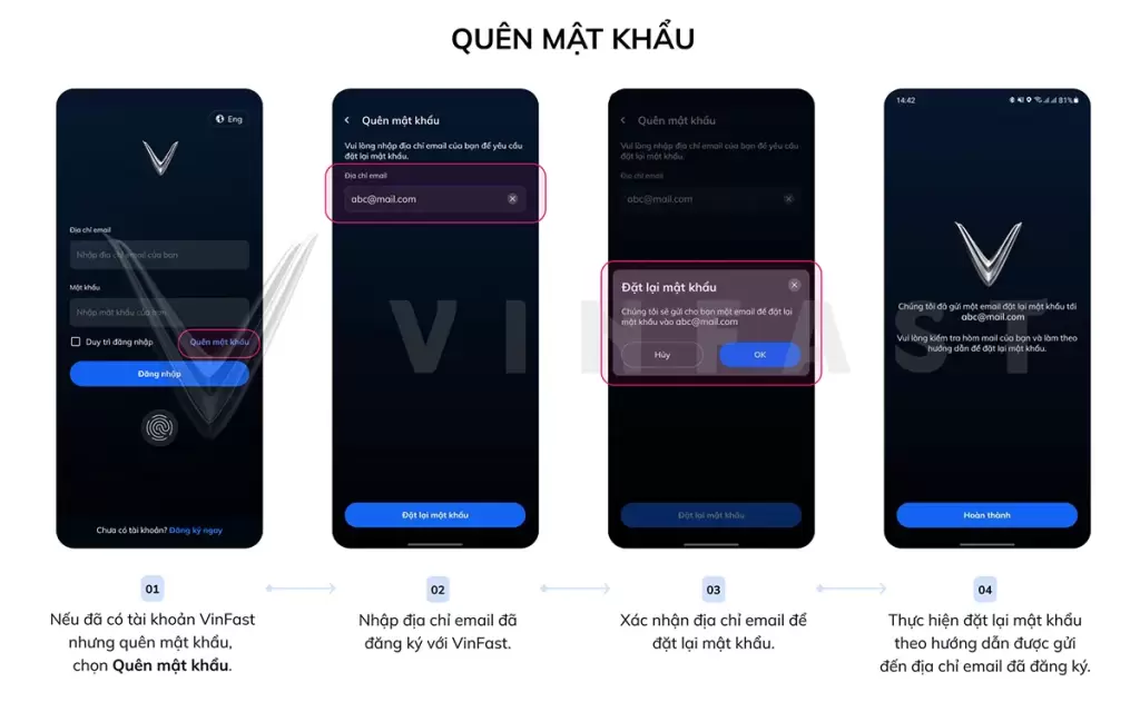 Khoi Phuc Mat Khau - Hướng dẫn cài đặt và sử dụng ứng dụng VinFast trên điện thoại - Showroom VinFast Hưng Thịnh Phát Hưng Yên Các bước hướng dẫn khôi phục mật khẩu trên ứng dụng VinFast