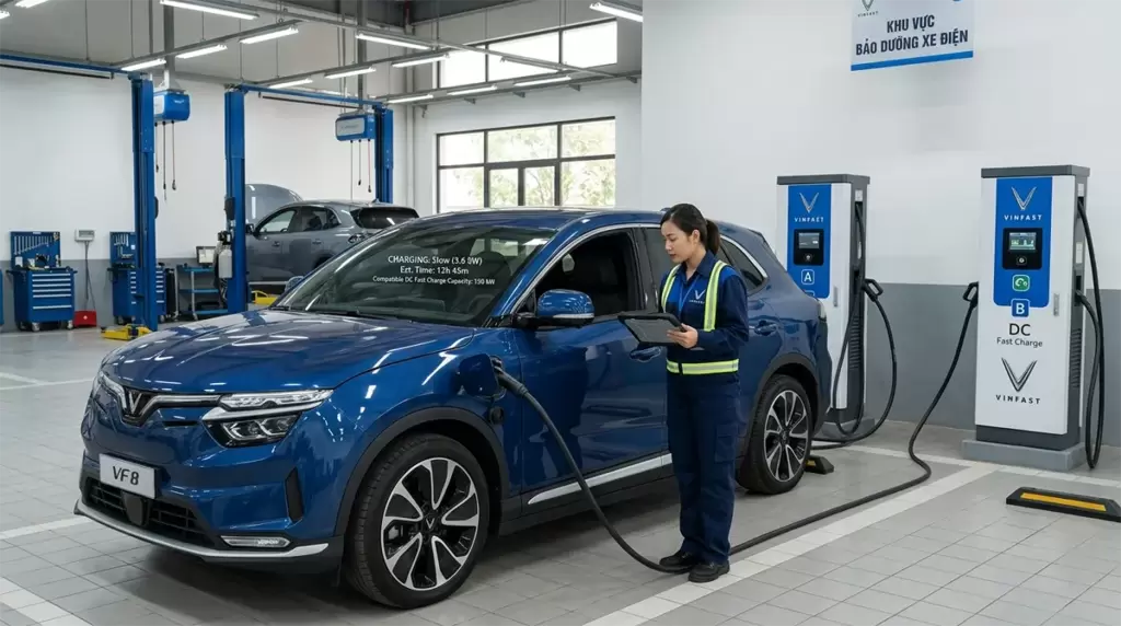 Kiem Tra Nguyen Nhan Xe Dien VinFast Sac Cham - Xe điện VinFast sạc chậm: Nguyên nhân và cách xử lý tại Hưng Thịnh Phát Kỹ thuật viên kiểm tra xe điện VinFast VF 8 màu xanh đang sạc tại xưởng