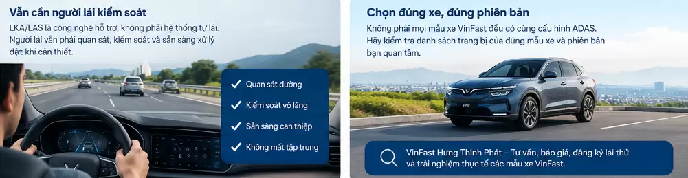 LKA LAS VinFast Van Can Nguoi Lai Kiem Soat - LKA/LAS VinFast: Hỗ trợ giữ làn đường - VinFast Hưng Yên Infographic hướng dẫn sử dụng tính năng hỗ trợ giữ làn LKA LAS xe VinFast