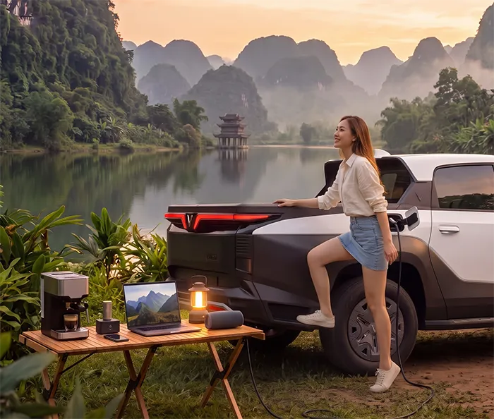 Cô gái bước lên bậc giẫm hông thùng xe bán tải điện VinFast VF Wild