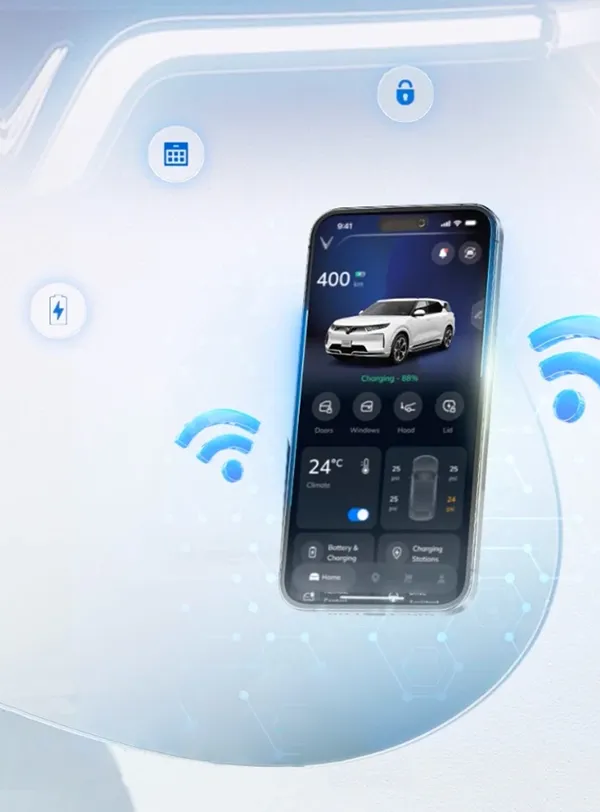 Smart Control Dieu Khien Xe VinFast Tu Xa - Smart Connect VinFast – Tính năng kết nối và điều khiển thông minh - VinFast Hưng Thịnh Phát Điện thoại hiển thị giao diện ứng dụng VinFast Smart Control điều khiển xe thông minh