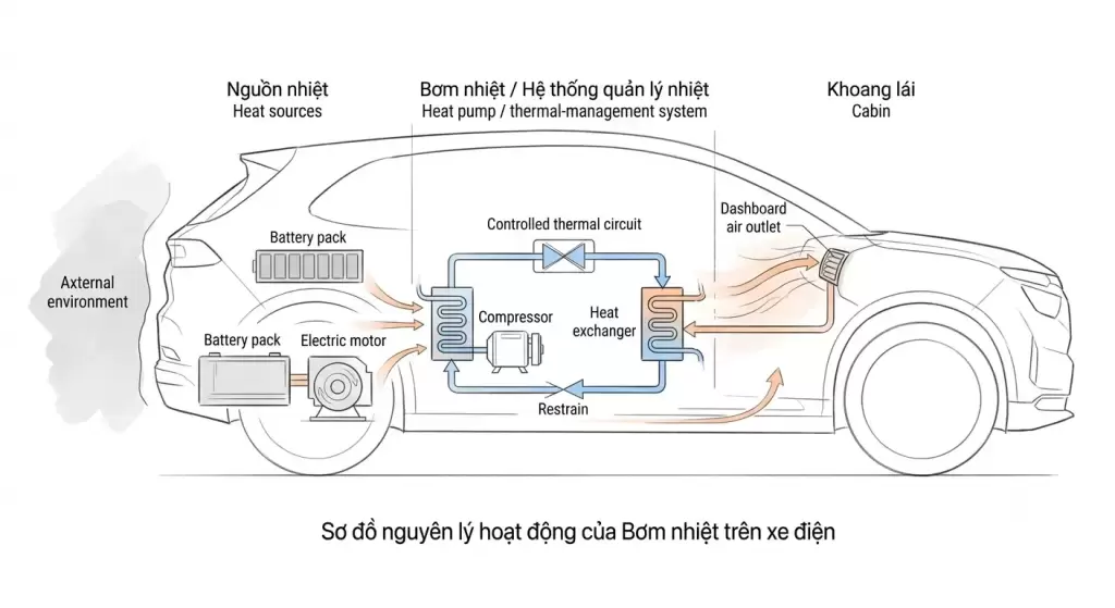 So Do Nguyen Ly Truyen Nhiet Cua Bom Nhiet Tren O To Dien - Bơm nhiệt trên ô tô điện VinFast - VinFast Hưng Thịnh Phát Sơ đồ nguyên lý hoạt động bơm nhiệt trên ô tô điện VinFast