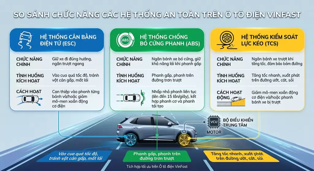 Bảng so sánh các hệ thống an toàn ESC ABS và TCS trên ô tô điện VinFast