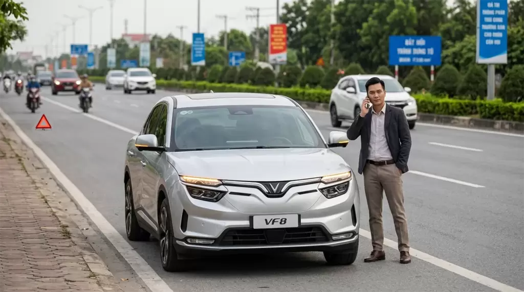 Người tài xế gọi điện cứu hộ bên xe VinFast VF 8 đỗ bên đường