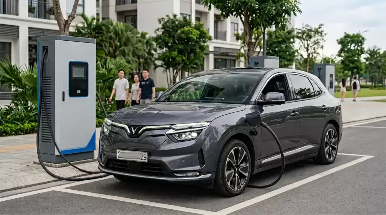 Ô tô điện VinFast màu xám đang cắm sạc tại trụ sạc công cộng