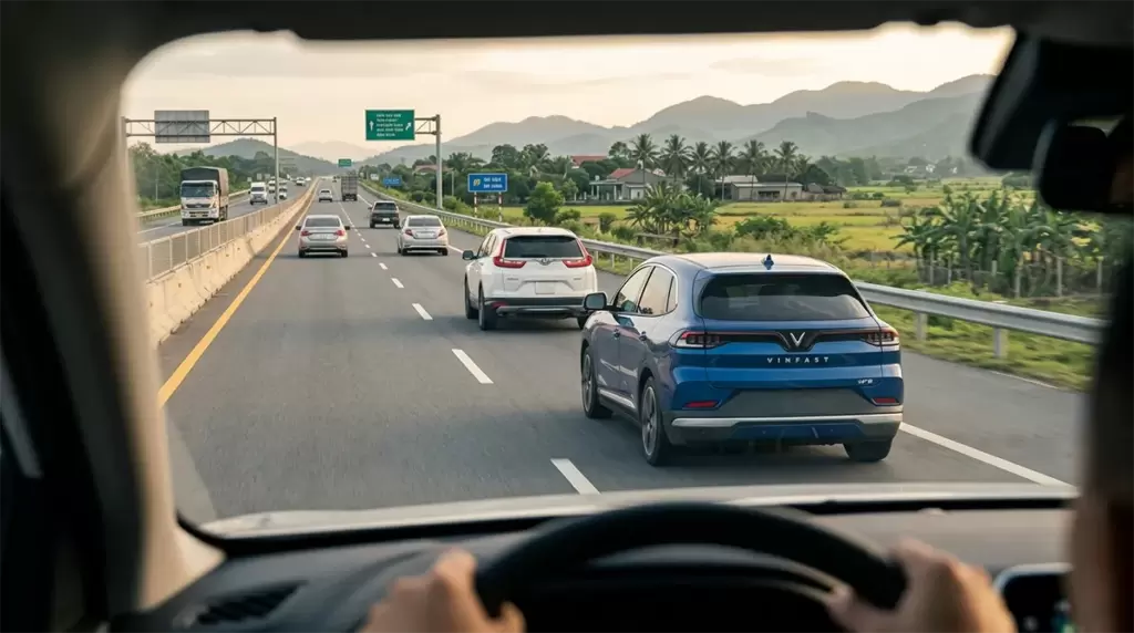 Acc Vinfast Hanh Trinh Dai - Kiểm soát hành trình thích ứng ACC Góc nhìn từ khoang lái xe điện VinFast VF 8 màu xanh di chuyển trên cao tốc