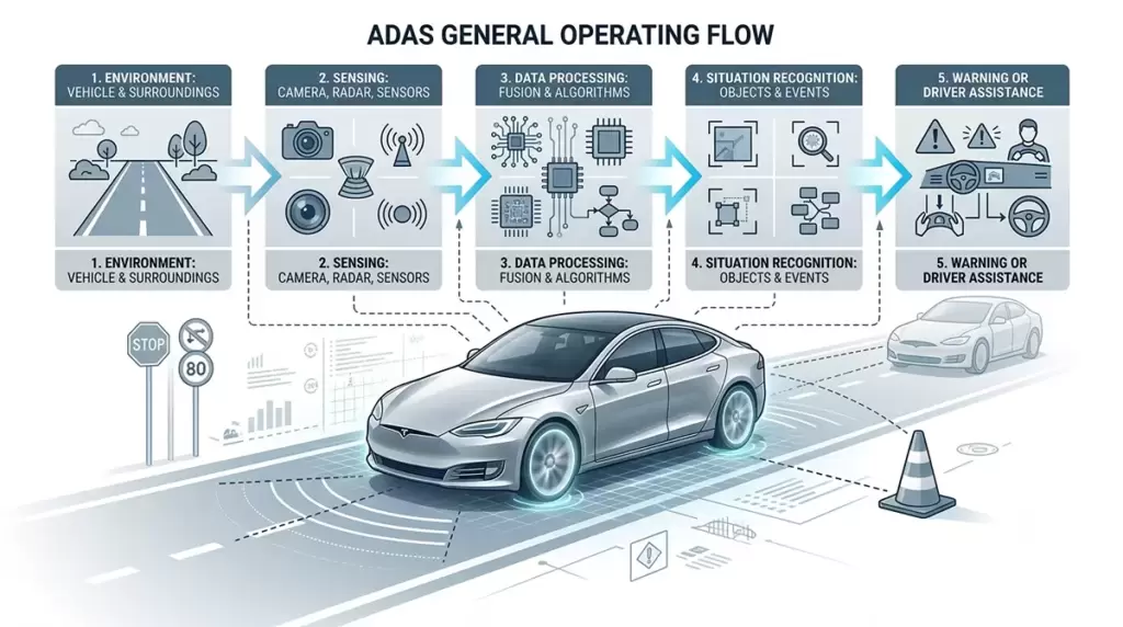 Adas Quy Trinh Nhan Biet Xu Ly Ho Tro - Camera, Radar và cảm biến ADAS trên xe điện VinFast - VinFast Hưng Thịnh Phát Sơ đồ 5 bước quy trình nhận biết và xử lý của hệ thống ADAS xe điện