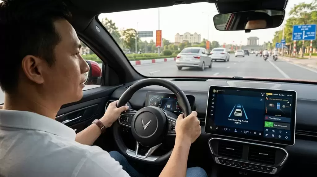 Adas Vinfast Ho Tro Nguoi Lai - AEB VinFast: Phanh tự động khẩn cấp tại Hưng Thịnh Phát Người lái xe điện VinFast đang sử dụng tính năng hỗ trợ lái thông minh ADAS