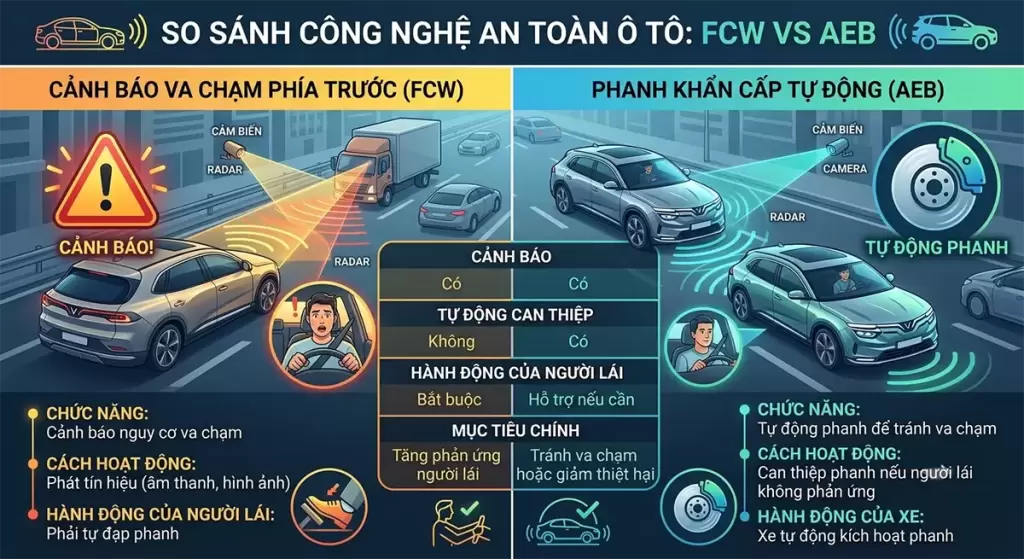 Aeb Va Fcw Vinfast Khac Nhau - AEB VinFast: Phanh tự động khẩn cấp - VinFast Hưng Yên Infographic so sánh công nghệ cảnh báo va chạm FCW và phanh tự động AEB VinFast