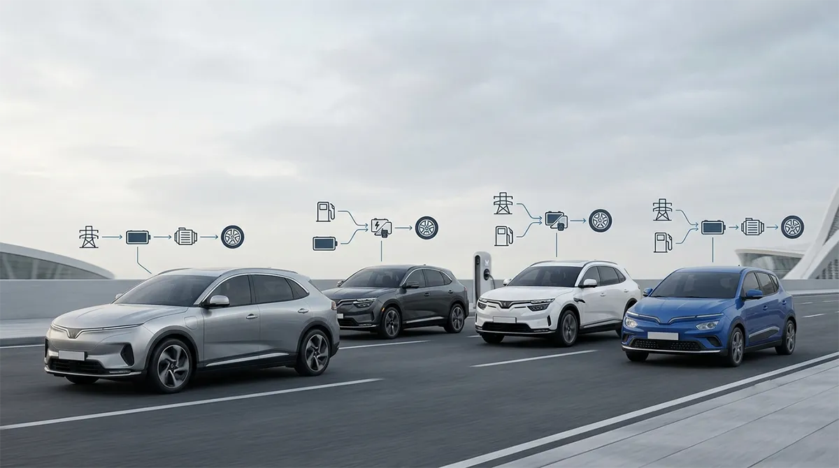 Dàn xe ô tô VinFast cùng sơ đồ nguyên lý truyền động BEV HEV PHEV REEV