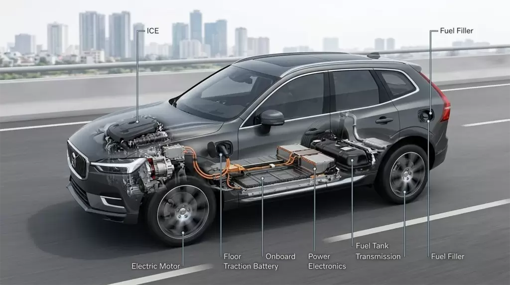 Cấu tạo hệ thống PHEV gồm động cơ đốt trong, mô-tơ điện, pin kéo và hệ thống sạc