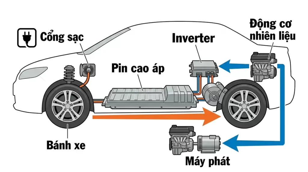 Sơ đồ mô phỏng cấu tạo cơ bản của xe điện mở rộng phạm vi REEV