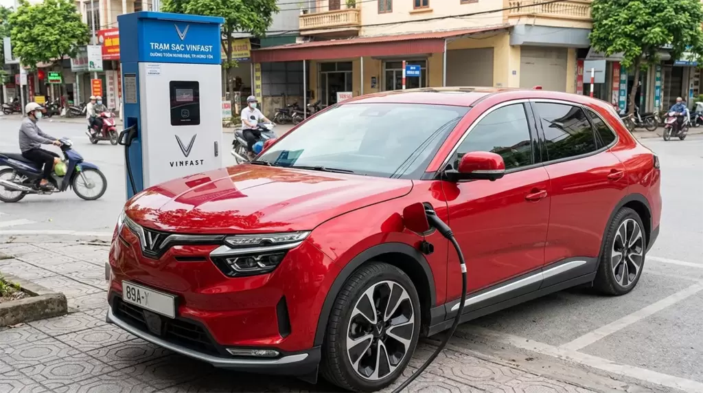 Xe điện VinFast màu đỏ đang cắm sạc tại trạm sạc công cộng ven đường