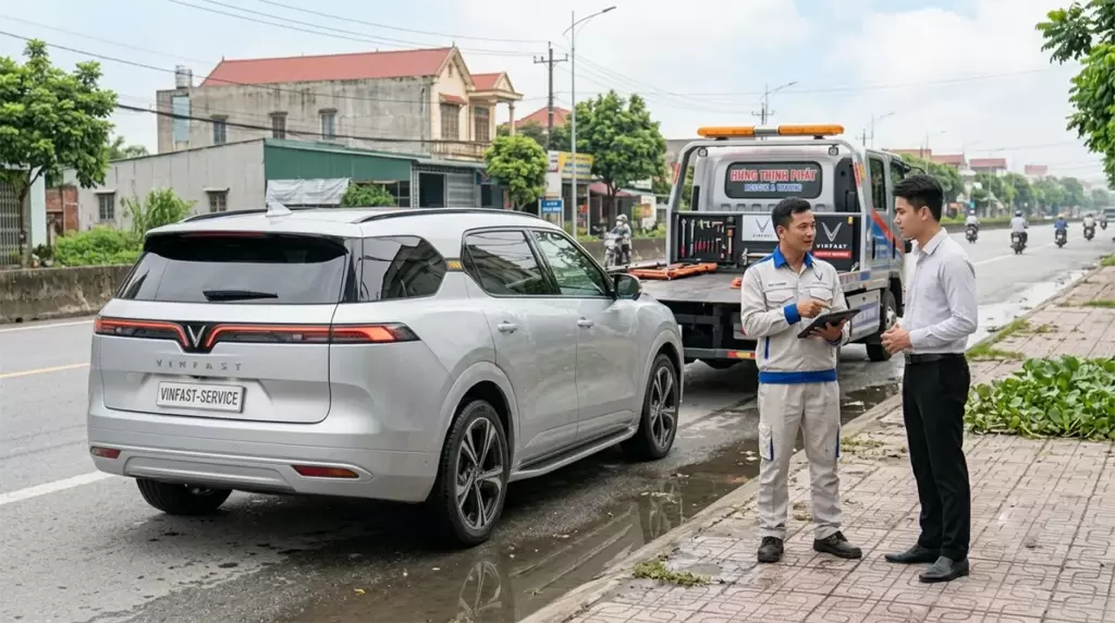 Cuu Ho Vinfast Hung Thinh Phat 24 7 - Xe điện VinFast đi mưa, ngập nước: Cách xử lý an toàn Nhân viên kỹ thuật VinFast đang tư vấn cứu hộ cho khách hàng bên đường