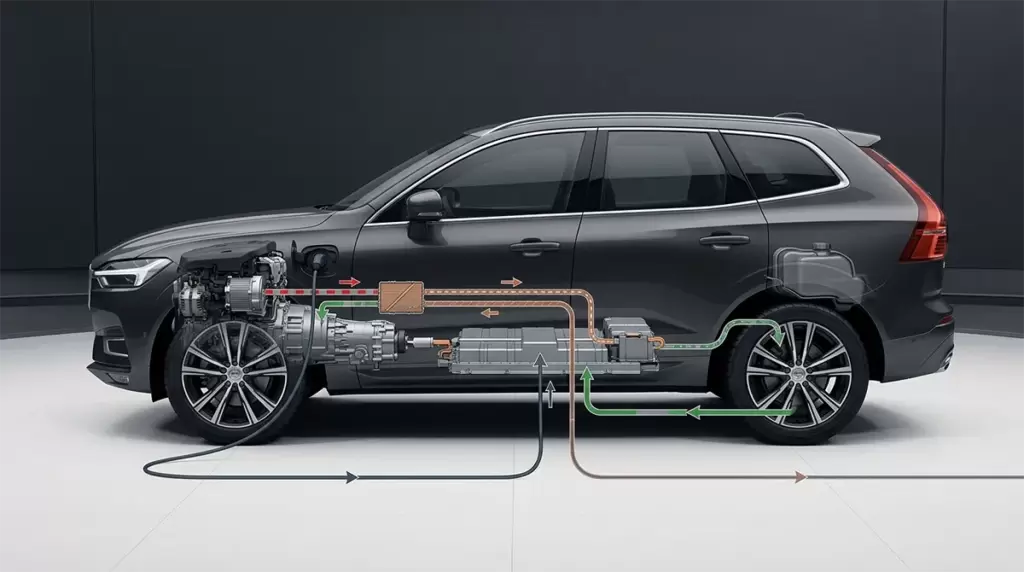 Dòng năng lượng trong xe PHEV từ nguồn điện, pin, mô-tơ điện và động cơ đốt trong