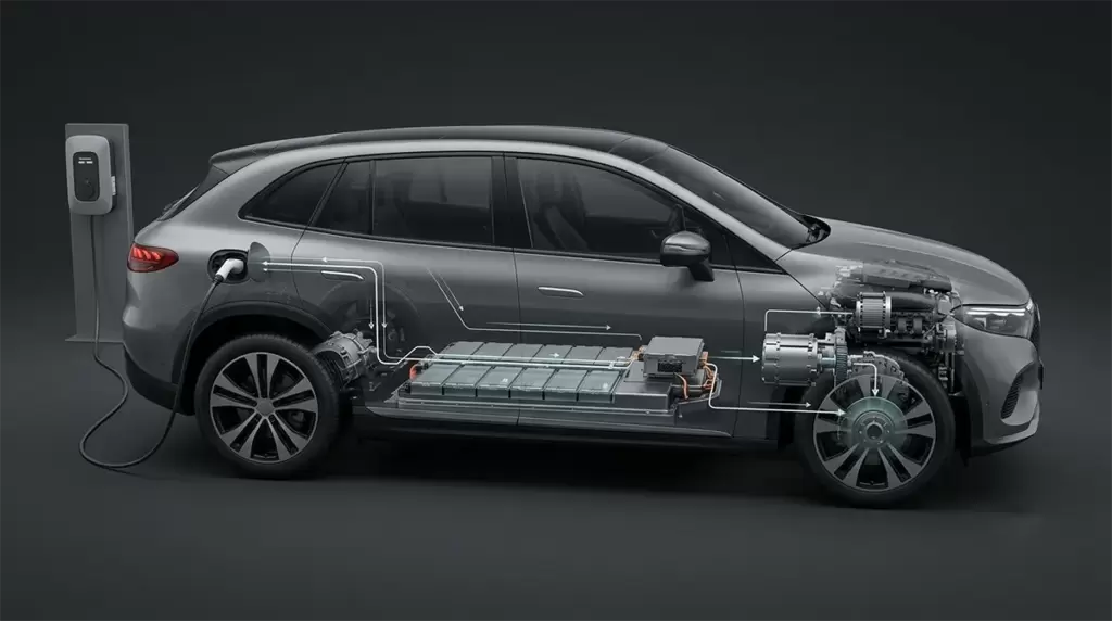 Sơ đồ cấu tạo hệ truyền động và khối pin của xe điện hóa đang cắm sạc