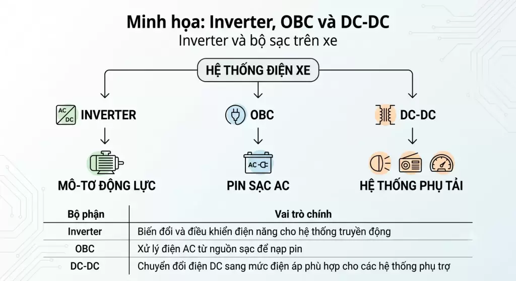 Phân biệt inverter OBC và bộ chuyển đổi DC-DC trên ô tô điện VinFast
