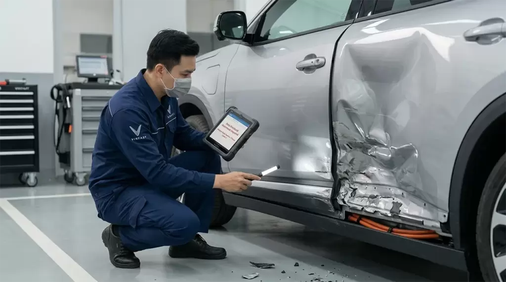 Kiem Tra Pin Xe Dien Vinfast - Pin xe điện VinFast sau va chạm: Khi nào cần kiểm tra? tại Hưng Thịnh Phát Kỹ thuật viên VinFast dùng thiết bị chẩn đoán kiểm tra thân xe bị va chạm