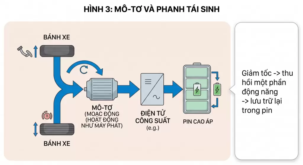 Sơ đồ nguyên lý hoạt động phanh tái sinh năng lượng nạp pin ô tô điện