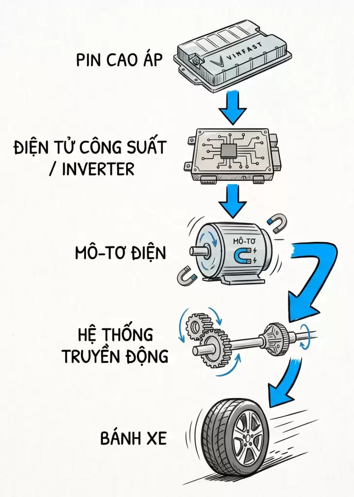 Sơ đồ nguyên lý hoạt động mô-tơ điện và hệ thống truyền động xe điện VinFast