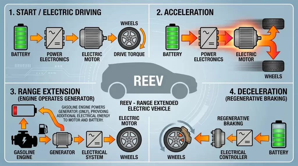 Sơ đồ chi tiết 4 bước nguyên lý hoạt động xe điện REEV mở rộng phạm vi
